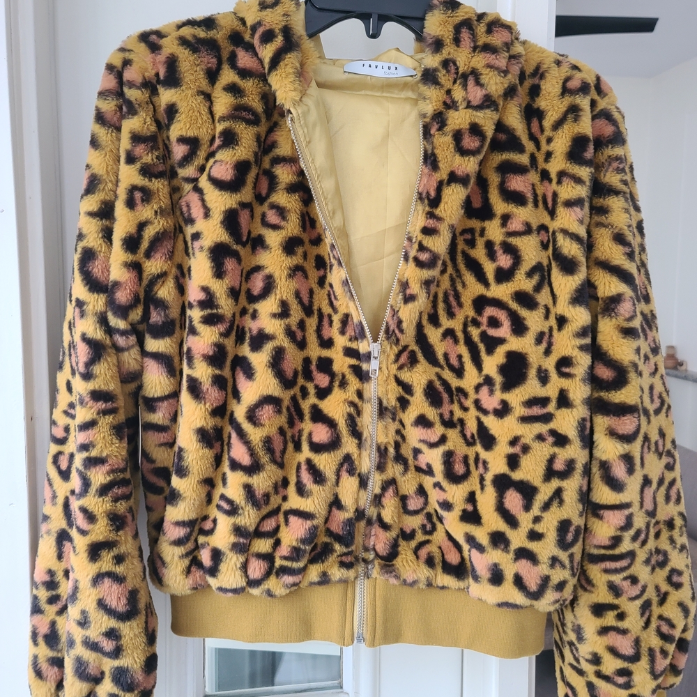 FAVLUX Leopard Print Faux Fur Jacket - Yellow and Black